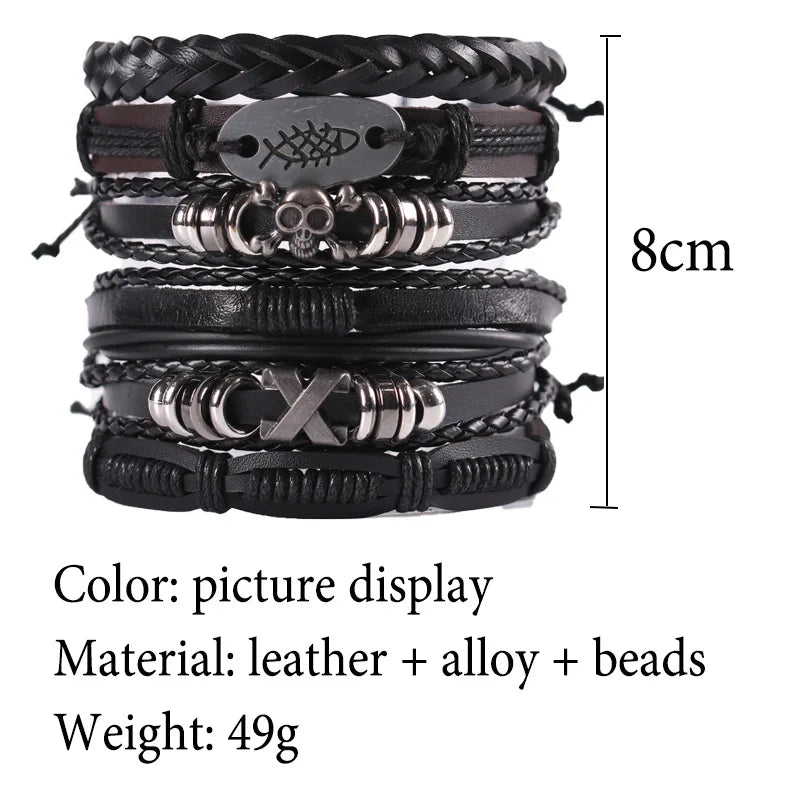 1 Fashion Bracelet Viking  Bracelet For Men Hand Bracelets Woven Skull Hand Jewelry Adjustable Leather Set Bracelet For Leather