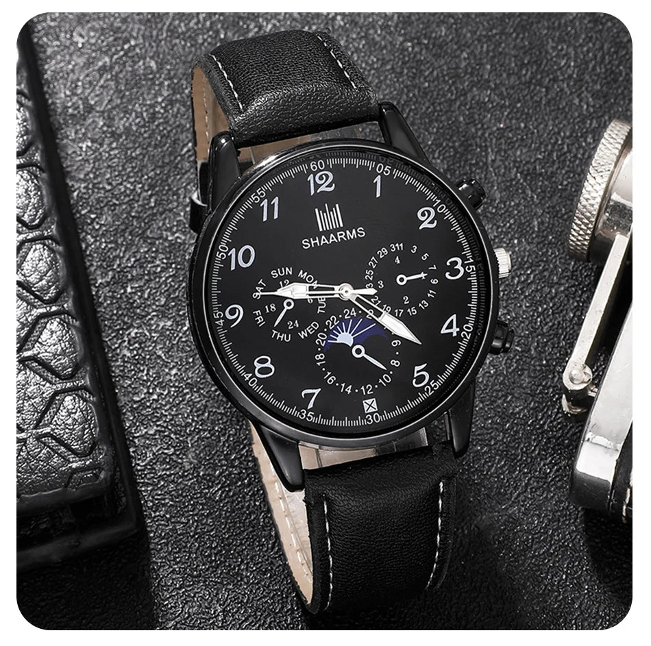 Fashion Mens Watches Wallet Glasses For Men Retro Black Bussiness Quartz Watch Male Casual Watch Relogio Masculino