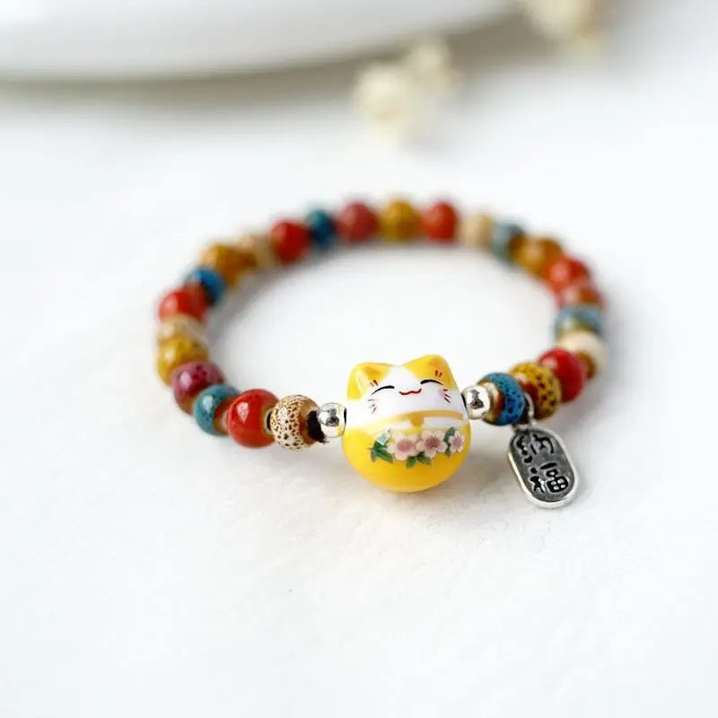 Cute Lucky Cat Bracelet For Girls Adjustable Colorful Beaded Bracelets Harajuku Ceramics Cat Pendant Charm Bracelets Jewelry