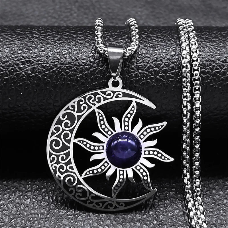 Witch Moon Sun Necklace for Women Men Stainless Steel Stone Occult Luna Crescent Wicca Chain Jewelry collares acero inoxidable