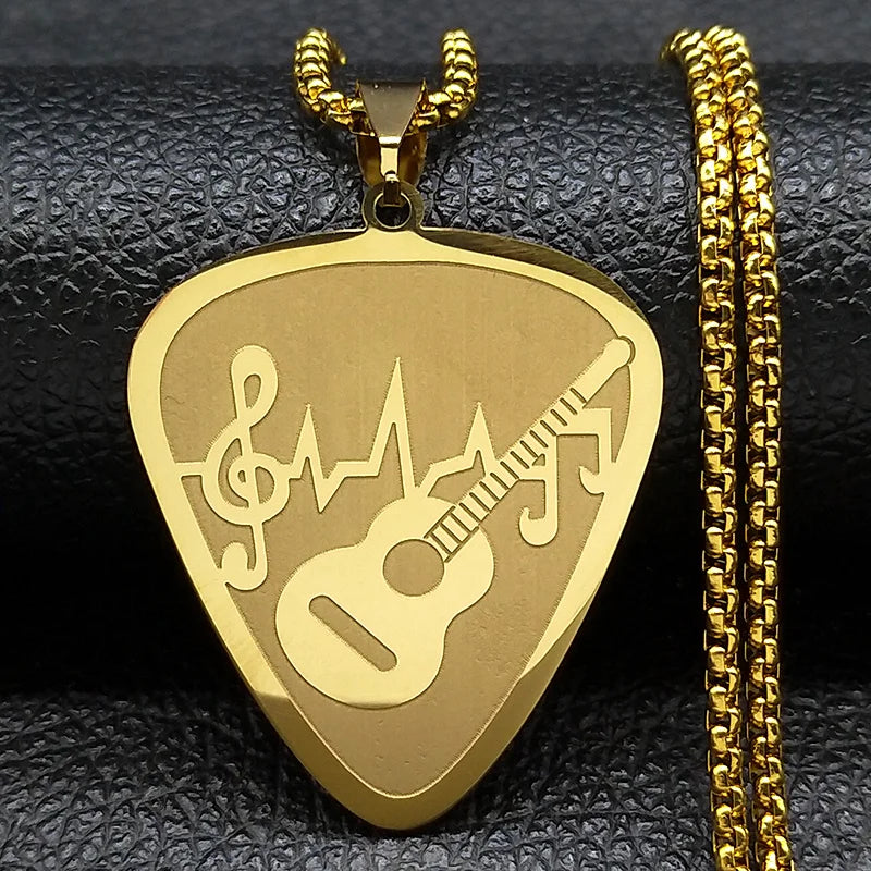 Rock Music Note Guitar Pick Necklace for Women Men Silver Color Stainless Steel Musical Symbol Chain Necklaces colares N7957S06