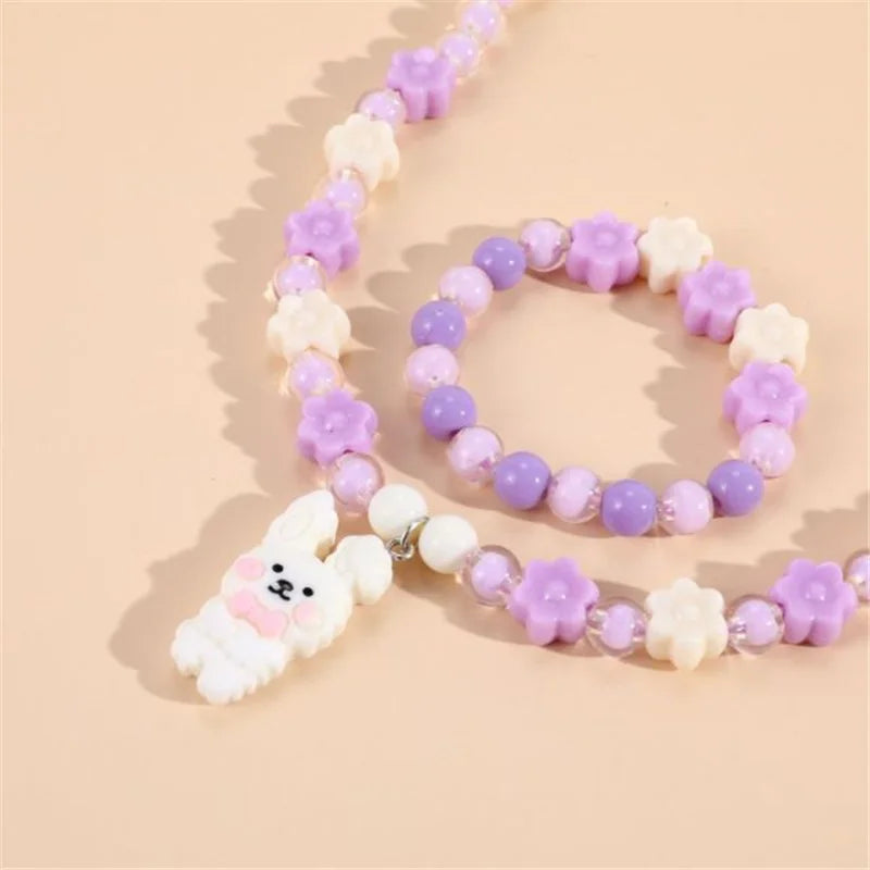 Cute Rabbit Pendant Necklace For Girls Bear Heart Beads Necklace For Children Fashion Jewelry Accessories 2023 Wholesale Trendy