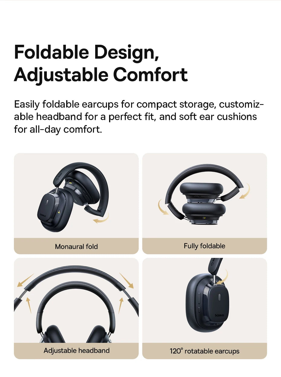 Baseus Bowie 10 Max Wireless Headphones Hybrid -46dB Noise Cancelling 120H Gaming Time Hi-Res Earphones Bluetooth 5.4 Headset