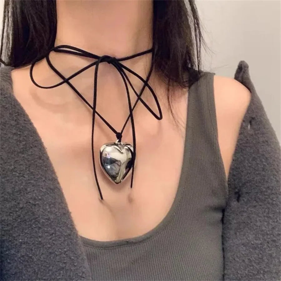 Goth Black Velvet 30mm Big Heart Pendant Choker Necklace Women Diy Weave Knotted Bowknot Adjustable Chain Jewelry