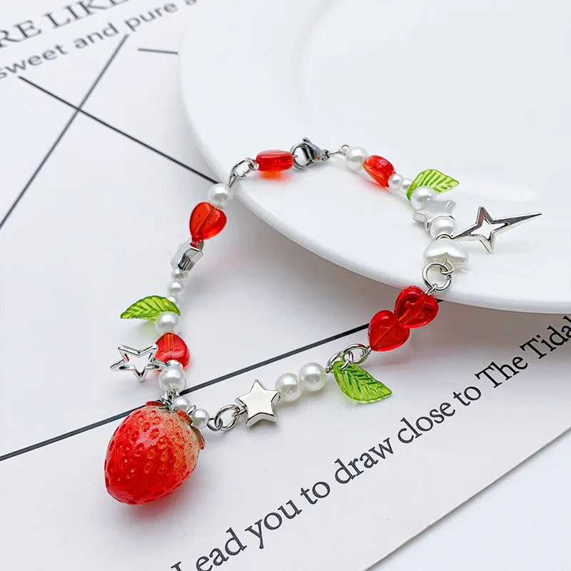 1 Pc Exquisite Strawberry Cute Fashion Color Alloy Beaded Bracelet Set Women Party Favors