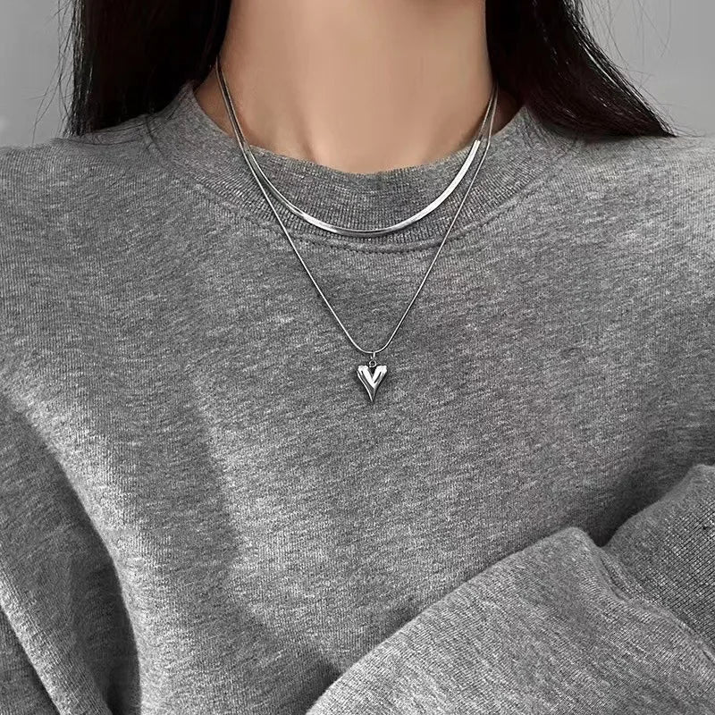 Double Layered Love Heart Pendant Necklace for Women Simple Neck Chain Jewelry