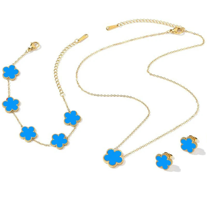 14K Gold Plated Stainless Steel Necklace Woman Five Leaf Petals Double Sided Necklaces for Women Pendant Flower Clover Jewelry