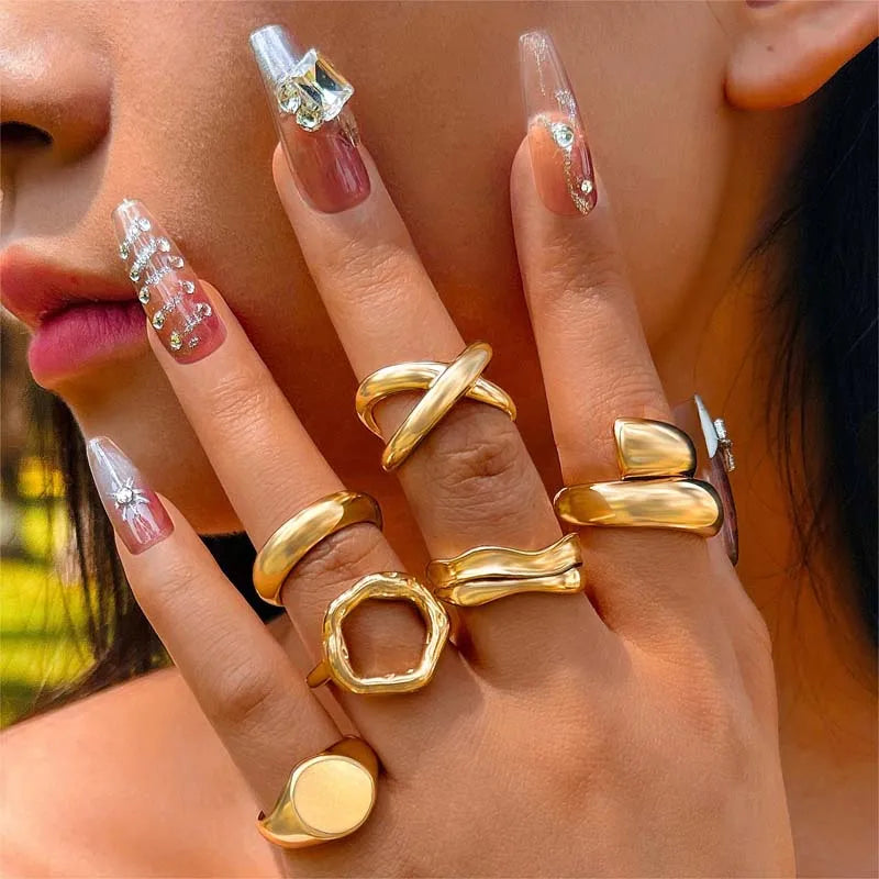 6Pcs/Set Gold Color Smooth Geometric Open Rings Set For Women Exaggerated Metal Irregular Thick Chunky Ring Jewelry Gift