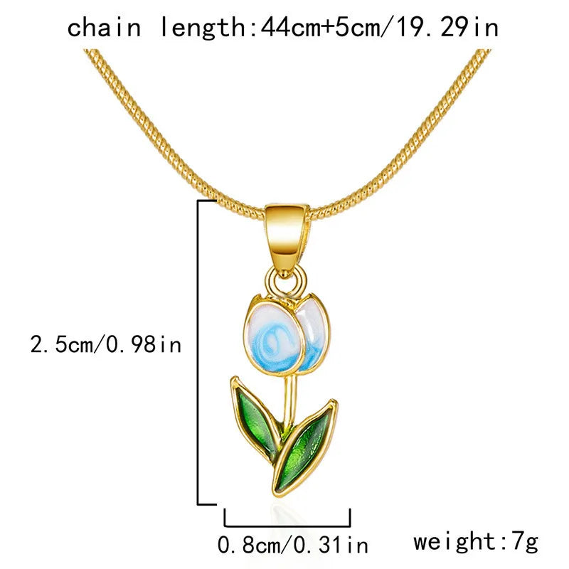 Vintage Elegant Enamel Tulip Flower Pendant Necklace For Women Fashion Young Girls Personality Accessories Clavicle Chain Choker