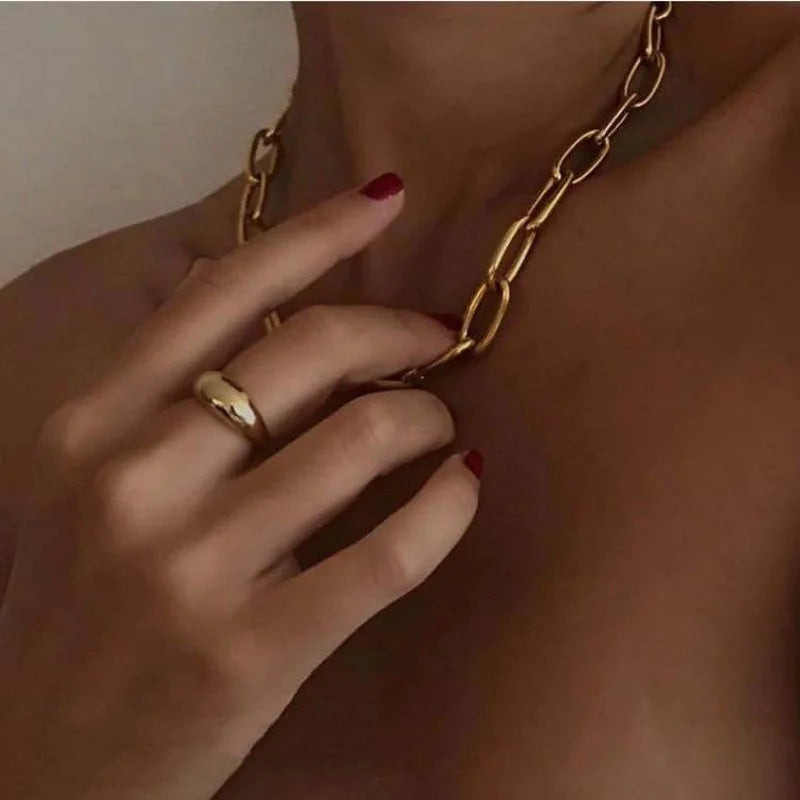 Simple Gold Color Stainless Steel Thick Chain Necklaces for Women Hip Hop Street Trend Men Metallic Chains Necklace Jewelry