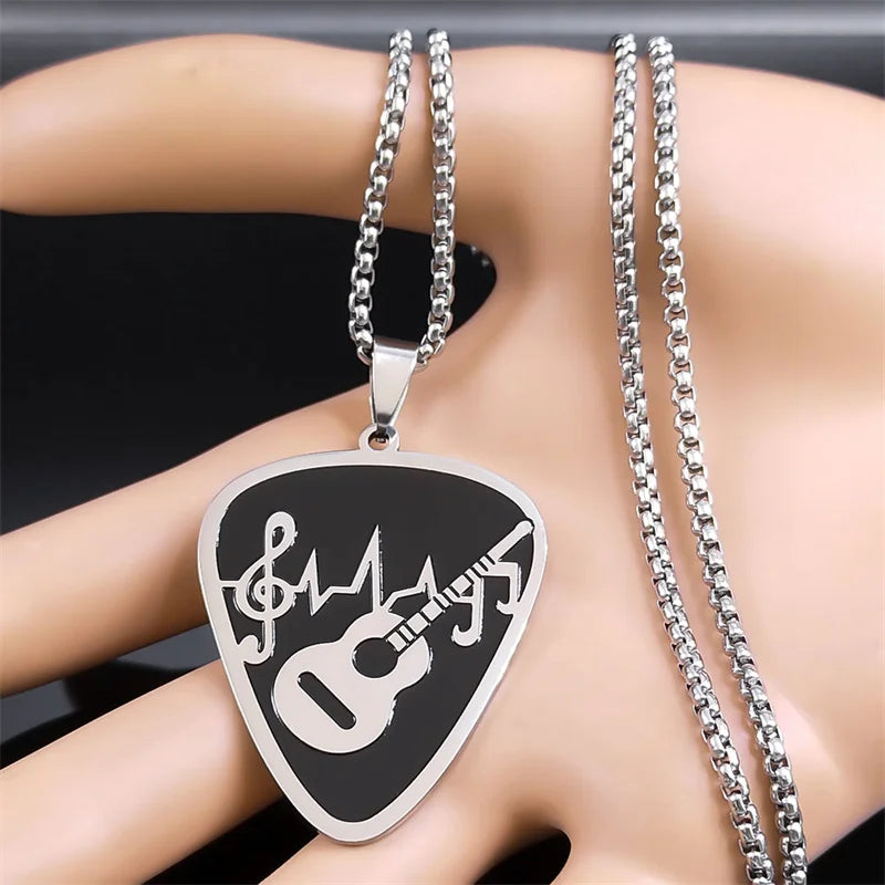 Rock Music Note Guitar Pick Necklace for Women Men Silver Color Stainless Steel Musical Symbol Chain Necklaces colares N7957S06