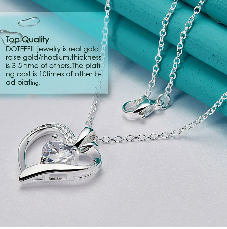 DOTEFFIL 925 Sterling Silver 16-30 Inch Chain AAA Zircon Heart Pendant Necklace For Woman Wedding Engagement Charm Jewelry