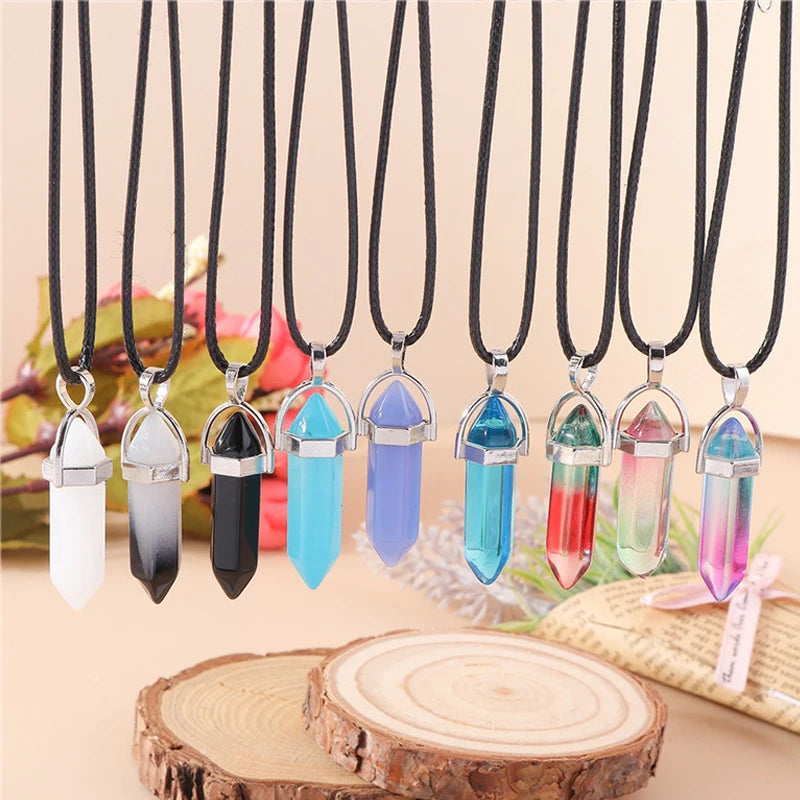 Natural Stone Quartz Lapis Opal Amethyst Pink Crystal Stone Hexagonal Column Pendant Necklaces Leather Chain Bullet Necklace