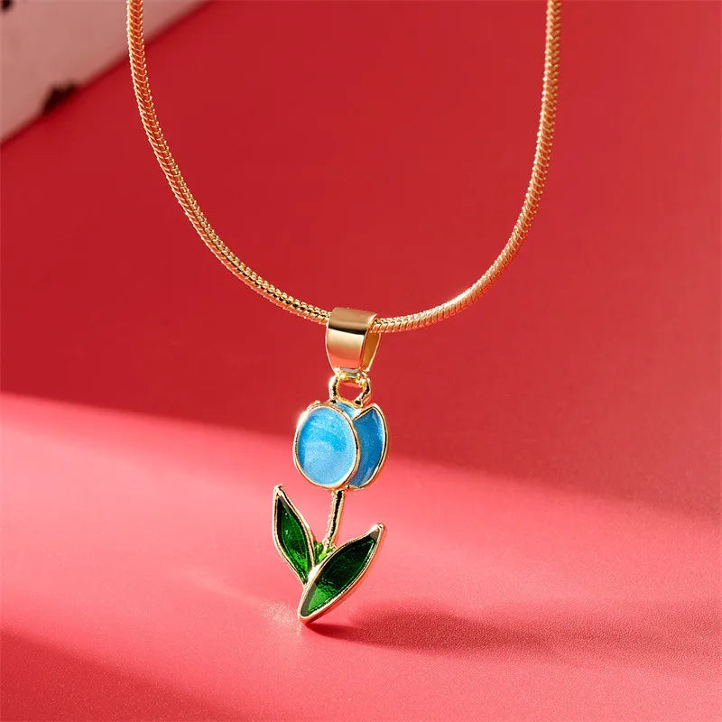 Vintage Elegant Enamel Tulip Flower Pendant Necklace For Women Fashion Young Girls Personality Accessories Clavicle Chain Choker