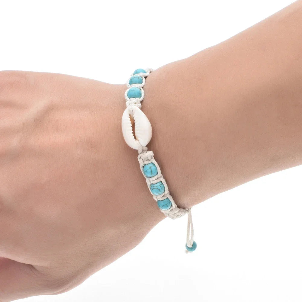 Summer Starfish Shell Woven Bracelet Unisex Adjustable Wax Rope Turquoise Beaded Anklet Bracelet Women Men Boho Beach Jewelry