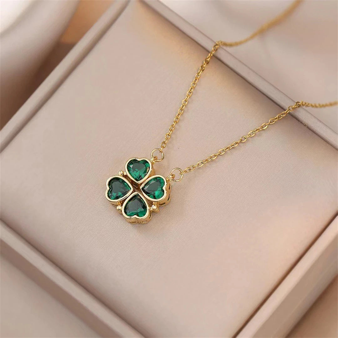 Fashion Retro Lucky Four Leaf Clover Women Necklace Gothic Love Heart Pendant Choke Chain Necklace Stainless Steel Jewelry Gift