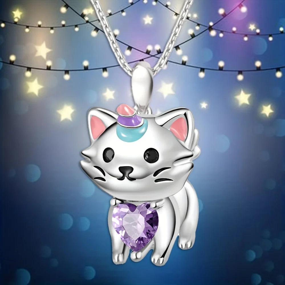 Beautiful Fashion Kitty Wearing Heart Shape Crystal Pendant Necklace Charm Jewelry Women Necklace Perfect Gift for Girls Women