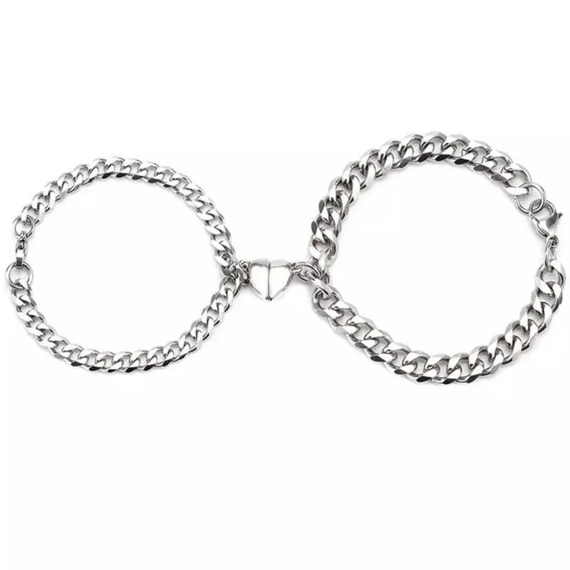 2Pcs Punk Silver Color Chain Couple Bracelet for Women Copper Alloy Romantic Magnet Men Paired Things Fashion Jewelry