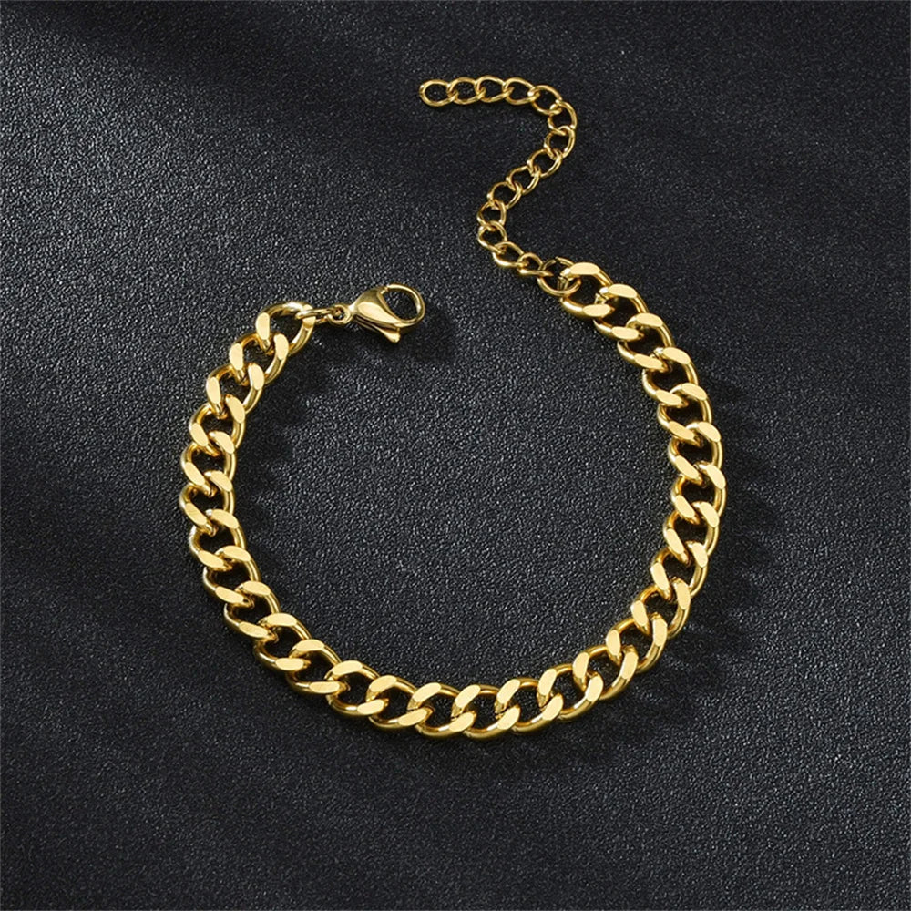 Hip Hop Stainless Steel Cuban Chain Bracelet For Women 3 5 7 mm Simple Stainless Steel Men Bracelet Gold Color Jewelry