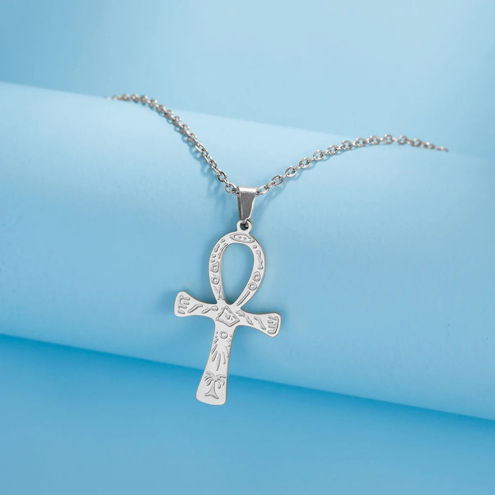 Lucktune Ankh Cross Egyptian Amulet Necklace Stainless Steel Key of Life Symbol Crucifix Pendant Necklace Women Religion Jewelry