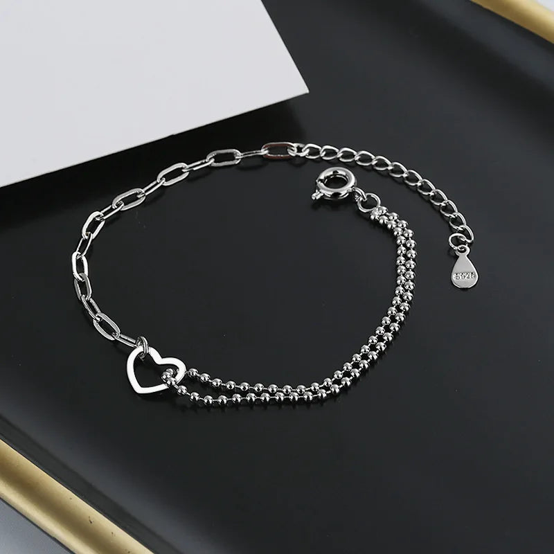 VENTFILLE 925 Sterling Silver Double Love Heart Hollow Round Beads Bracelet Female Fashion Romantic Jewelry Classic Adjustable