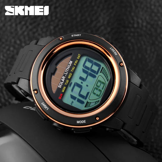 SKMEI 1096 Mens Chronograph Alarm 5Bar Waterproof Digital Watch reloj hombre Outdoor Sport Watch  Men Solar PU Strap watches