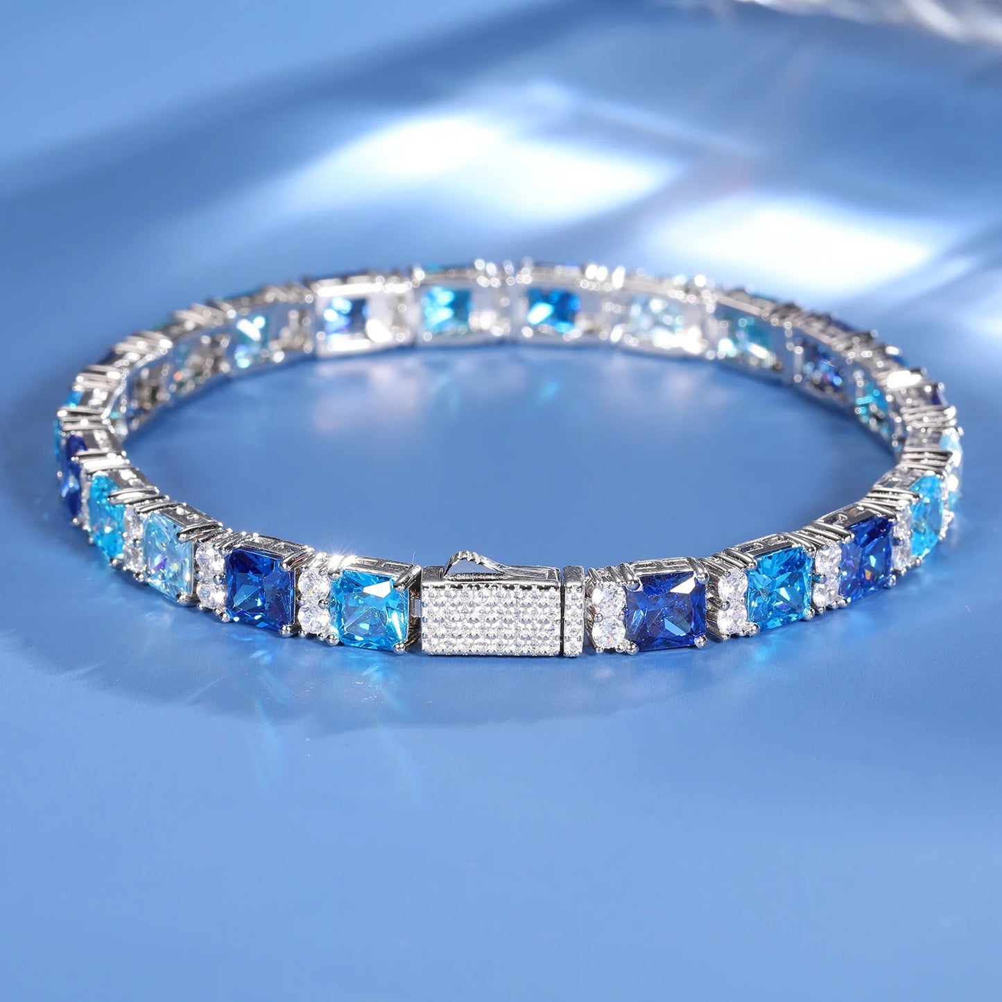 ICEOUTBOX Gradient Blue Square Baguette Tennis Bracelet For Women S925 Silver New Original Men Unisex Hip Hop Jewelry Party Gift