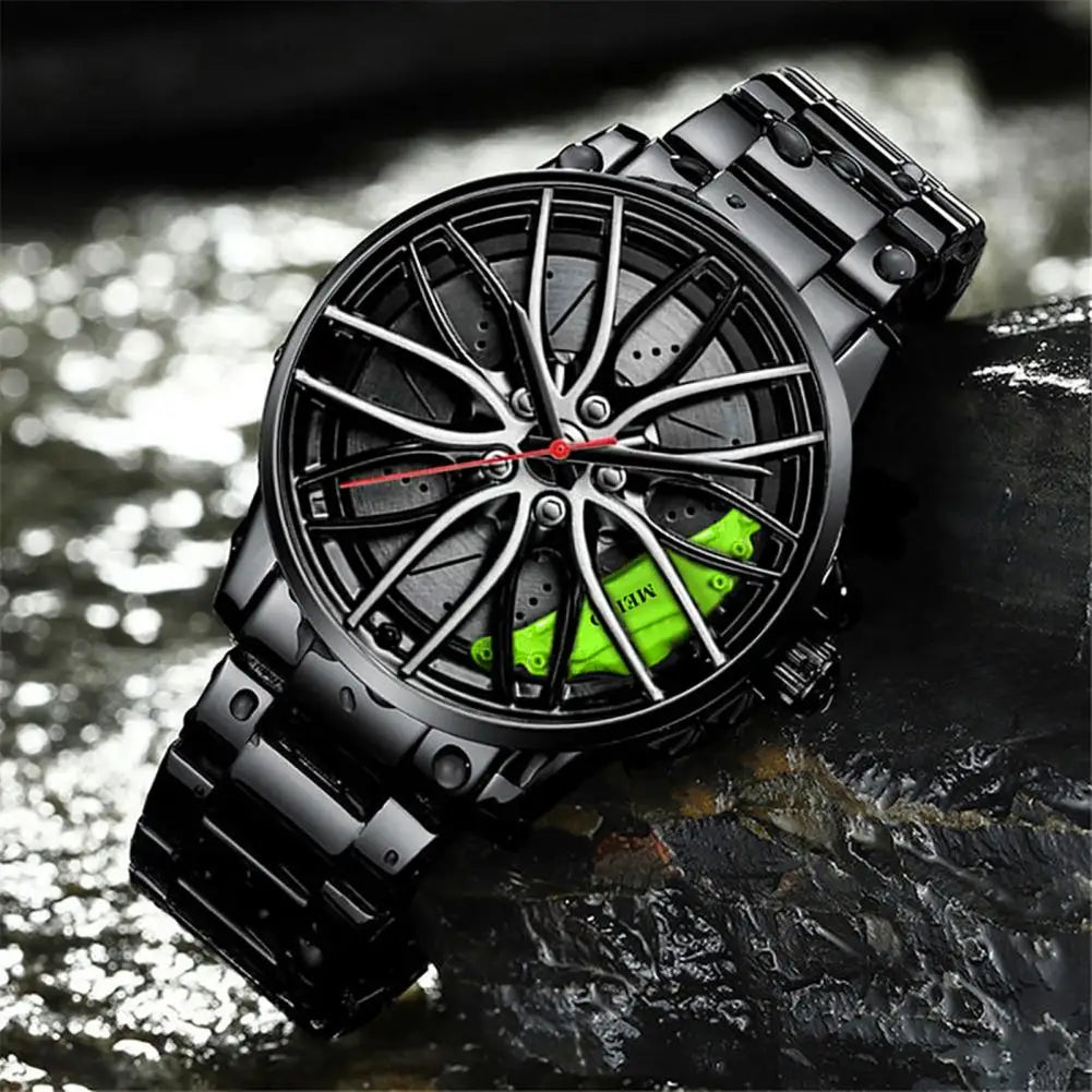 Car Wheel Rims Hub Men Quartz Watch Stainless Steel Watch Luxury Calendar Quartz Wrist Watch Leather Strap Men Business Watches