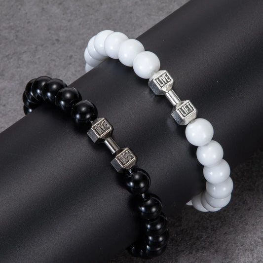 2pcs/Set Natural Stone Dumbbell Beaded Bracelet Black Beads Fitness Fit Life Prayer Bracelets Bangles Barbell Men Jewelry