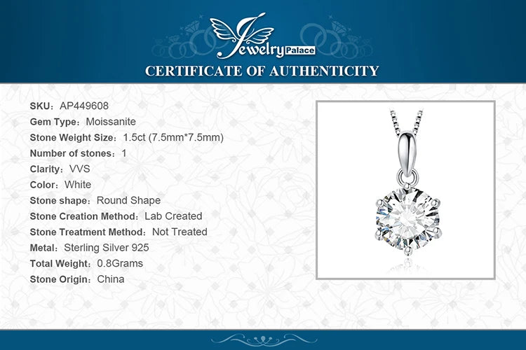 JewelryPalace Moissanite D Color 1ct 1.5ct 2ct 3ct Round 925 Sterling Silver Pendant Necklace for Woman No Chain