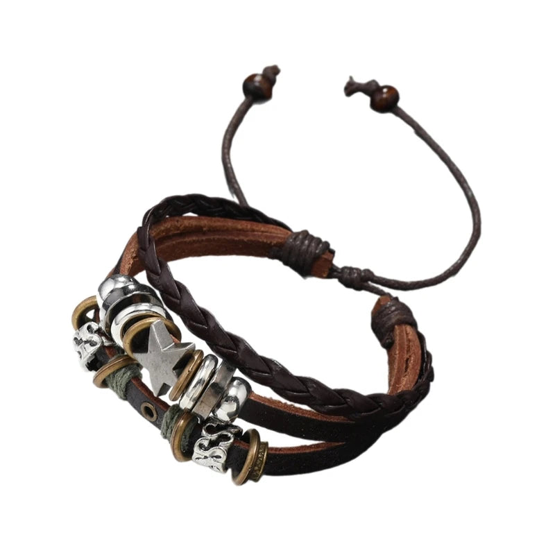 Vintage Leather Bracelet Punk Star Beaded Wristband MultiLayer Leather Bracelet Jewelry Punk Wrap Bracelet for Women Men