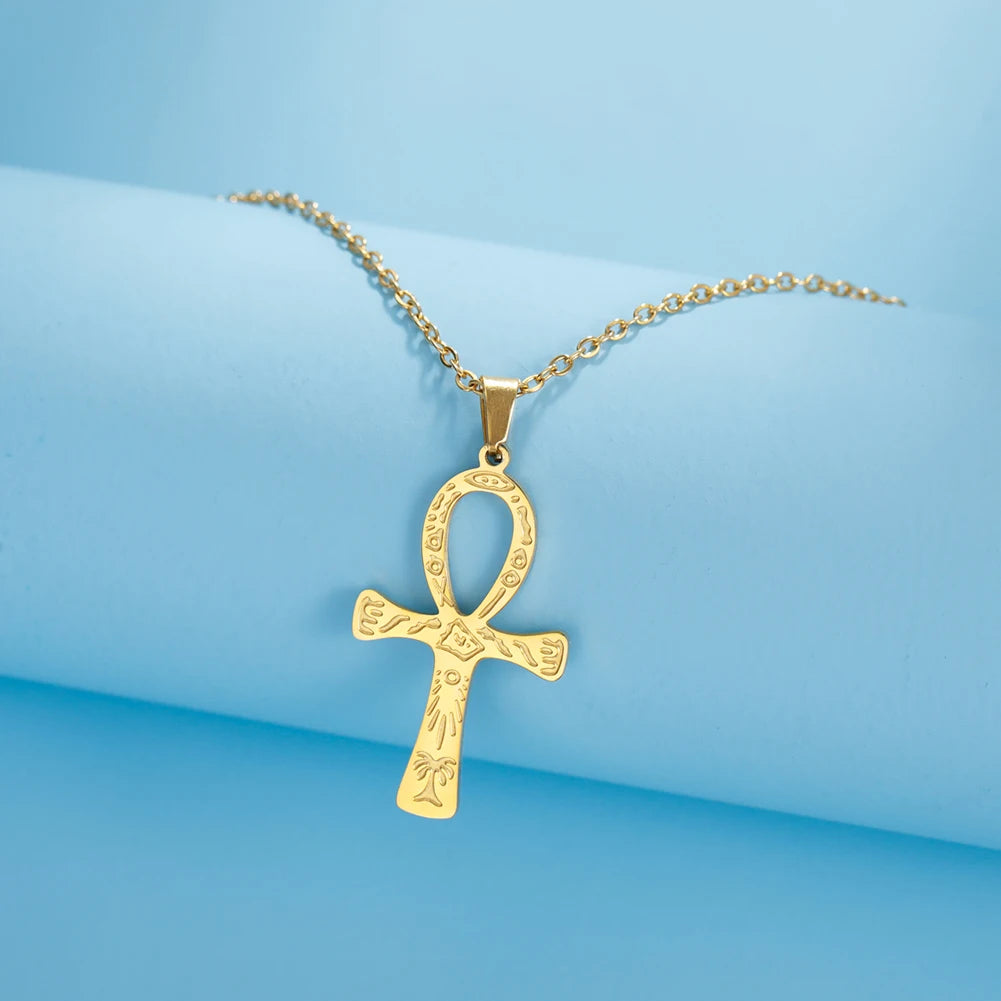 Lucktune Ankh Cross Egyptian Amulet Necklace Stainless Steel Key of Life Symbol Crucifix Pendant Necklace Women Religion Jewelry