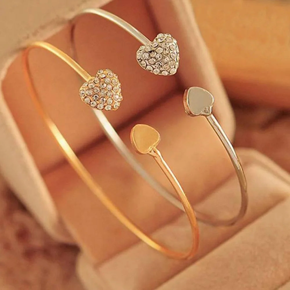 2019 Hot New Fashion Adjustable Crystal Double Heart Bow Bilezik Cuff Opening Bracelet For Women Jewelry Gift Mujer Pulseras