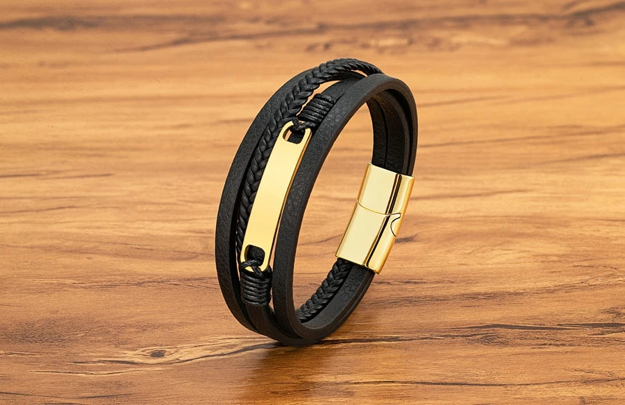 XQNI Multi-layer Braided Leather Wrap Bracelet Men Cool Trend Stainless Steel Casual Buckle Bracelet Jewelry Accessories Gift