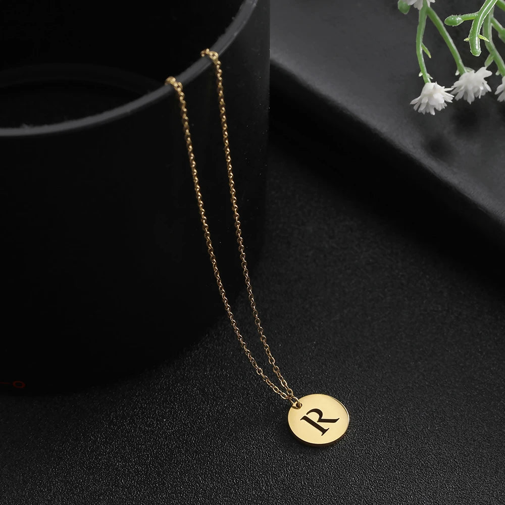 Amaxer Stainless Steel Necklace Fashion Gold Color Initial Charms Metal Round A To Z Letters For Women Single Name Jewelry Gifts