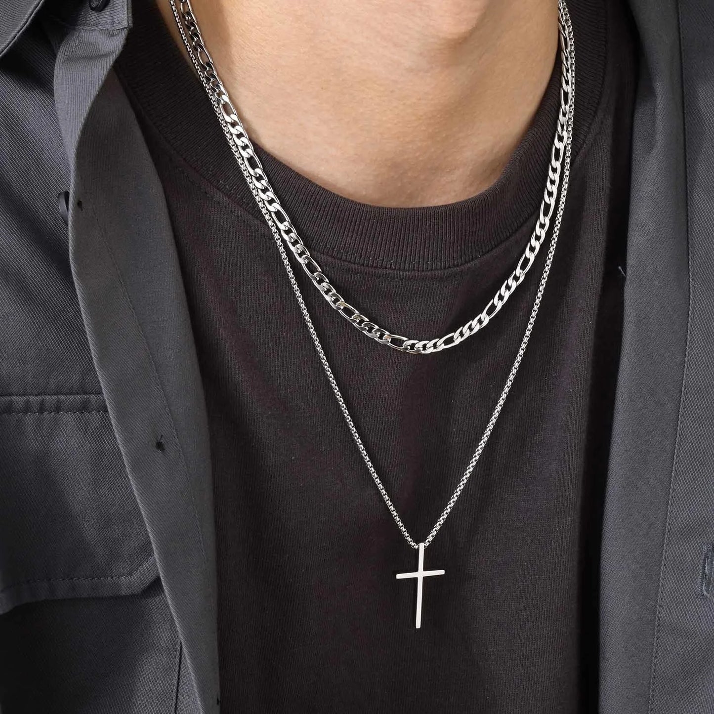 Vnox Mens Cross Necklaces, Stainless Steel Layered Plain Cross Pendant, Rope Box Chain Necklace, Simple Prayer Jesus Collar