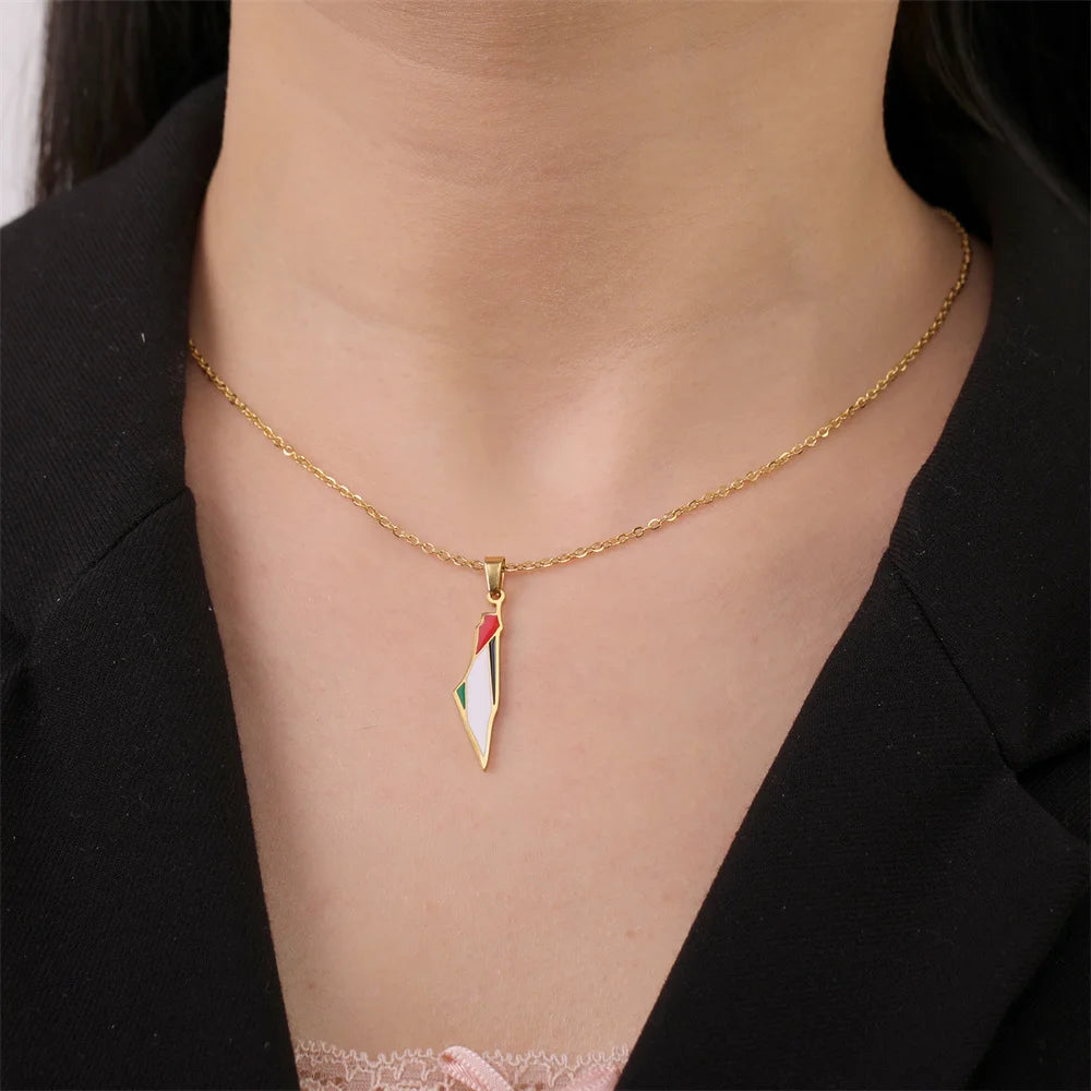 My Shape Palestine Map Flag Pendant Necklace for Women Men Stainless Steel Map Geography Necklace Choker Chain Jewelry Wholesale