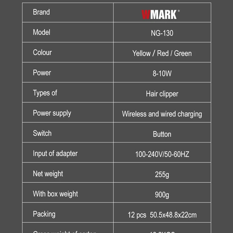 WMARK NG-130 Wireless Charging Hair Clipper High Speed Professional Type-C Rechargeable Hair Cutter With Charge Stand