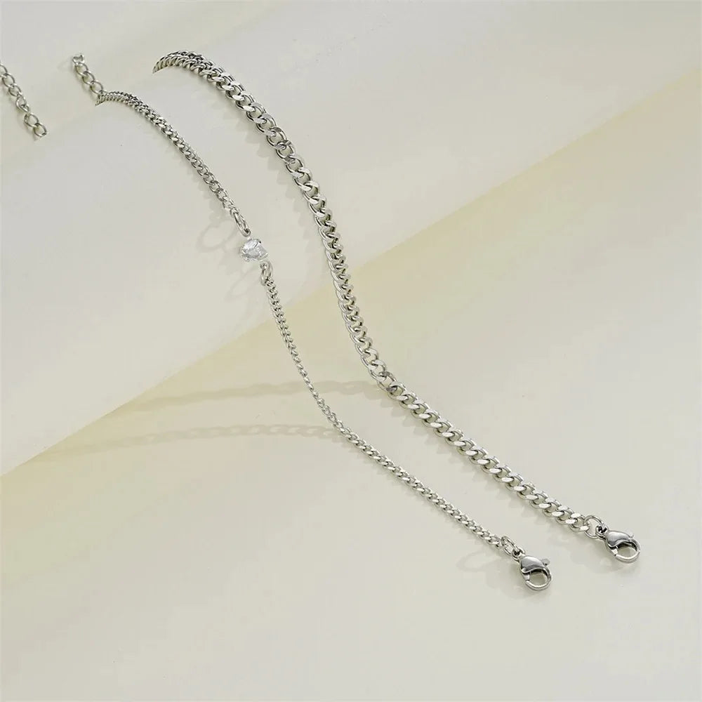 2PCS Simple Fashion Stainless Steel Bracelet Set for Couple Unisex Women Men Lover Crystal Heart Silvery Chain Bracelets Jewelry