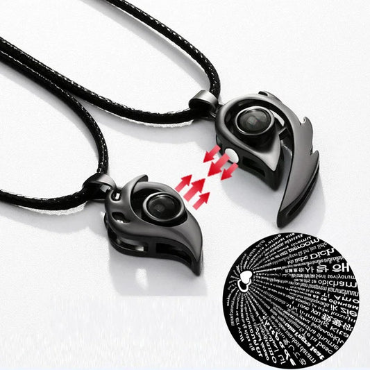 1PAIR Stainless Steel 100 Languages I Love You Projection Magnetic Couple Necklace Heart Necklace Jewelry Lover Creative Gifts