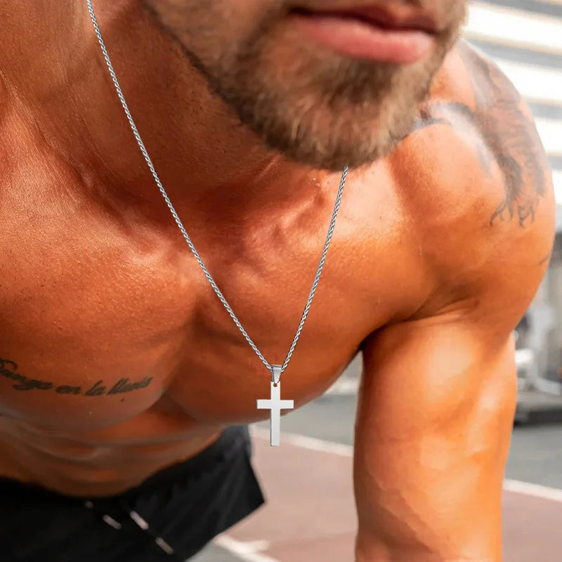 Waterproof Cross Necklaces for Men Male Gifts Jewelry, Anti Allergy Stainless Steel Plain Cross Pendant with Rope Chain