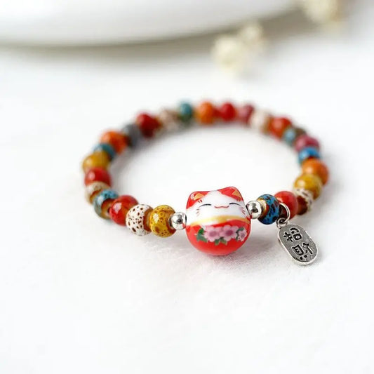 Cute Lucky Cat Bracelet For Girls Adjustable Colorful Beaded Bracelets Harajuku Ceramics Cat Pendant Charm Bracelets Jewelry