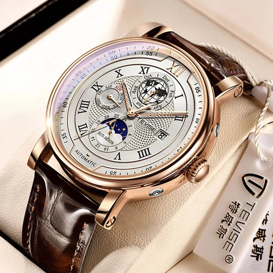 2024 TEVISE Top Brand Luxury Leather Watch For Men Business Waterproof Mens Mechanical Watches Moon Phase Automatic Wristwatch