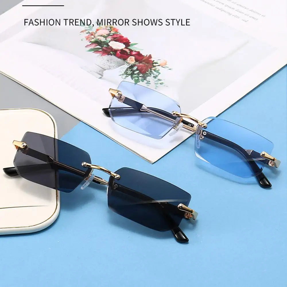 Trendy Rimless Sunglasses for Women Men Rectangle Fashion Shades Small Square UV400 Sun Glasses For Female Male Traveling Oculos