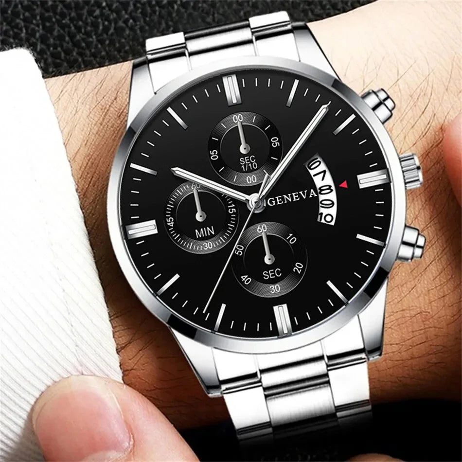 3PCS Set Fashion Mens Business Calendar Watches Men Casual Silver Bracelet Wings Necklace Stainless Steel Quartz Wrist Watch