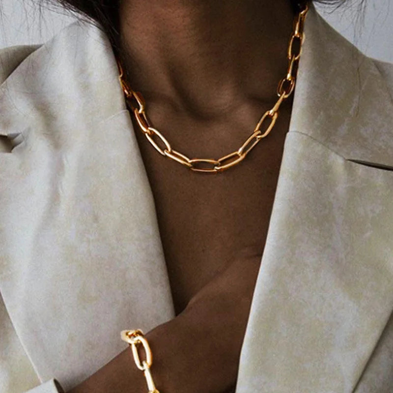 Simple Gold Color Stainless Steel Thick Chain Necklaces for Women Hip Hop Street Trend Men Metallic Chains Necklace Jewelry