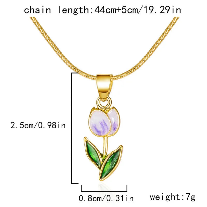 Vintage Elegant Enamel Tulip Flower Pendant Necklace For Women Fashion Young Girls Personality Accessories Clavicle Chain Choker