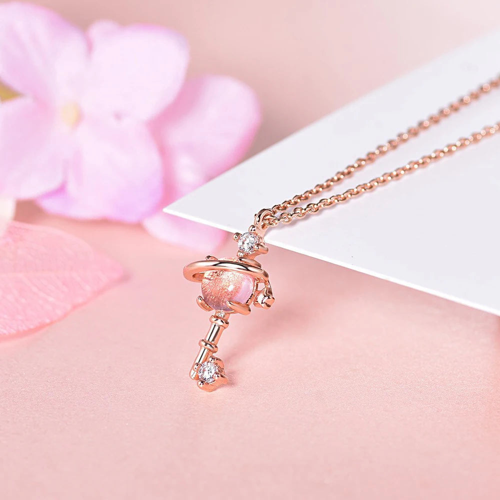 Pink Planet Meteor Shower Key Pendant Necklace Tiny Rose Gold Color Clavicle Chain Collar for Women Friendship Jewelry