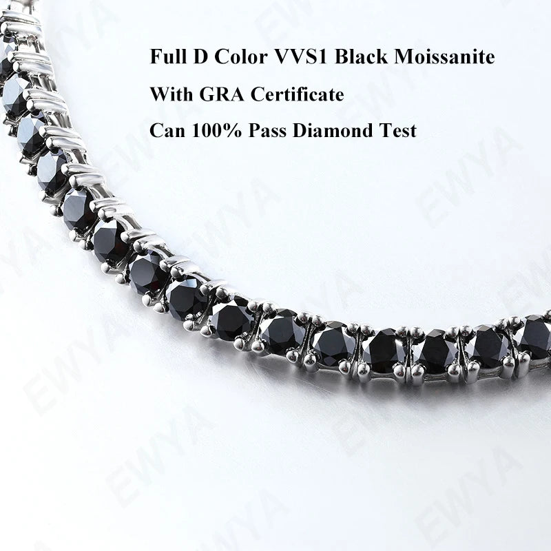 EWYA GRA Certified Real 3/4/5/6.5MM Full Black Moissanite Tennis Bracelet for Women Men S925 Silver Link Bracelets Fine Jewelry