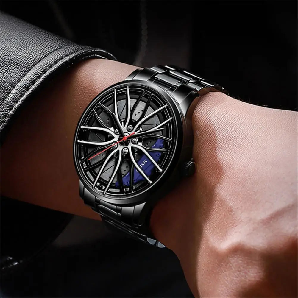 Car Wheel Rims Hub Men Quartz Watch Stainless Steel Watch Luxury Calendar Quartz Wrist Watch Leather Strap Men Business Watches